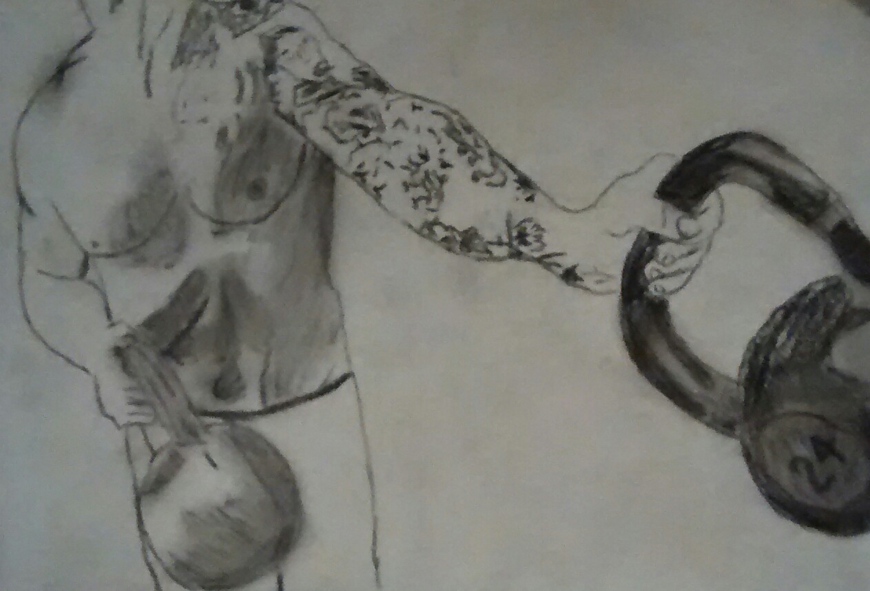 image of a charcoal drawing of tattooed man with kettlebells